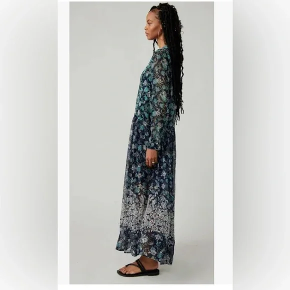 Free People Blue See It Through Floral Long Sleeve Maxi Dress size XS new - Picture 2 of 6